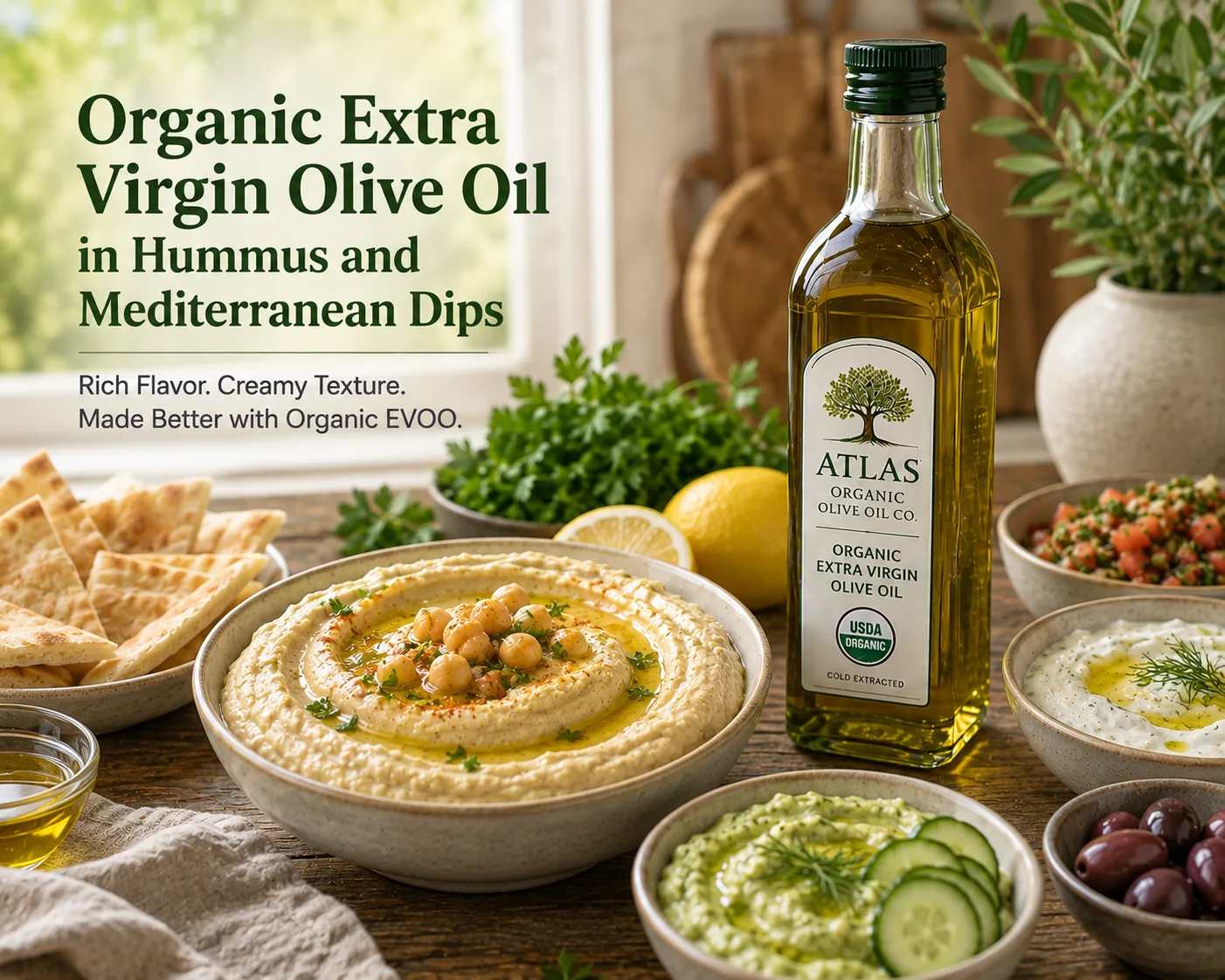Organic Extra Virgin Olive Oil in Hummus and Mediterranean Dips