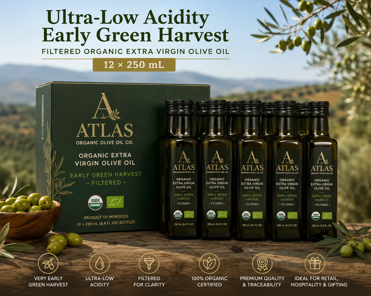 Ultra-Low Acidity Early Green Harvest Filtered Organic Extra Virgin Olive Oil — 12 × 250 mL