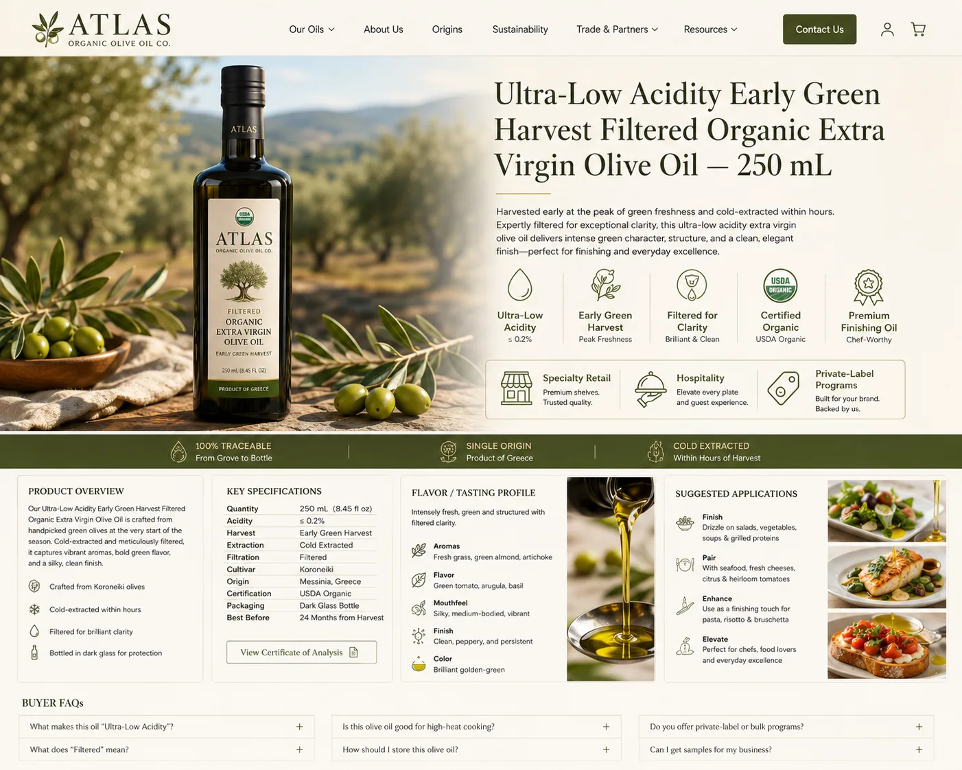 Ultra-Low Acidity Early Green Harvest Filtered Organic Extra Virgin Olive Oil — 250 mL